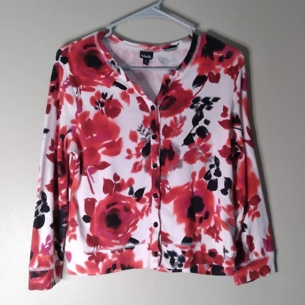 RAFAELLA Red White Black Button Cardigan Sweater Medium